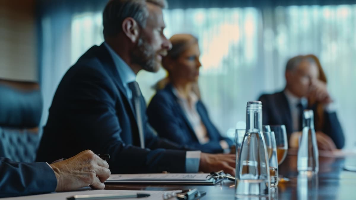 Men and women are discussing stakeholder opportunities during a board meeting