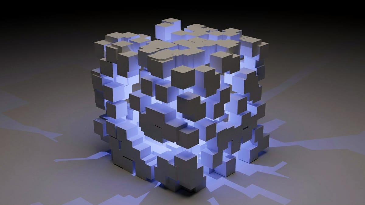 3D illustration of blocks in a cubical box with blue light inside it