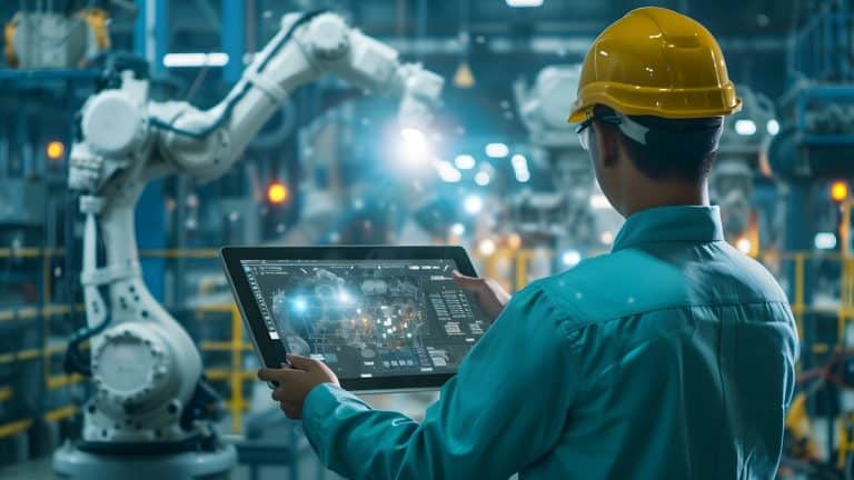 A technician controls a robot arm with AI in production