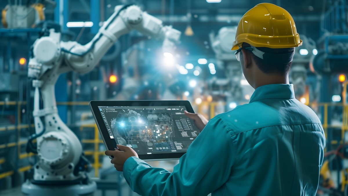 A technician controls a robot arm with AI in production